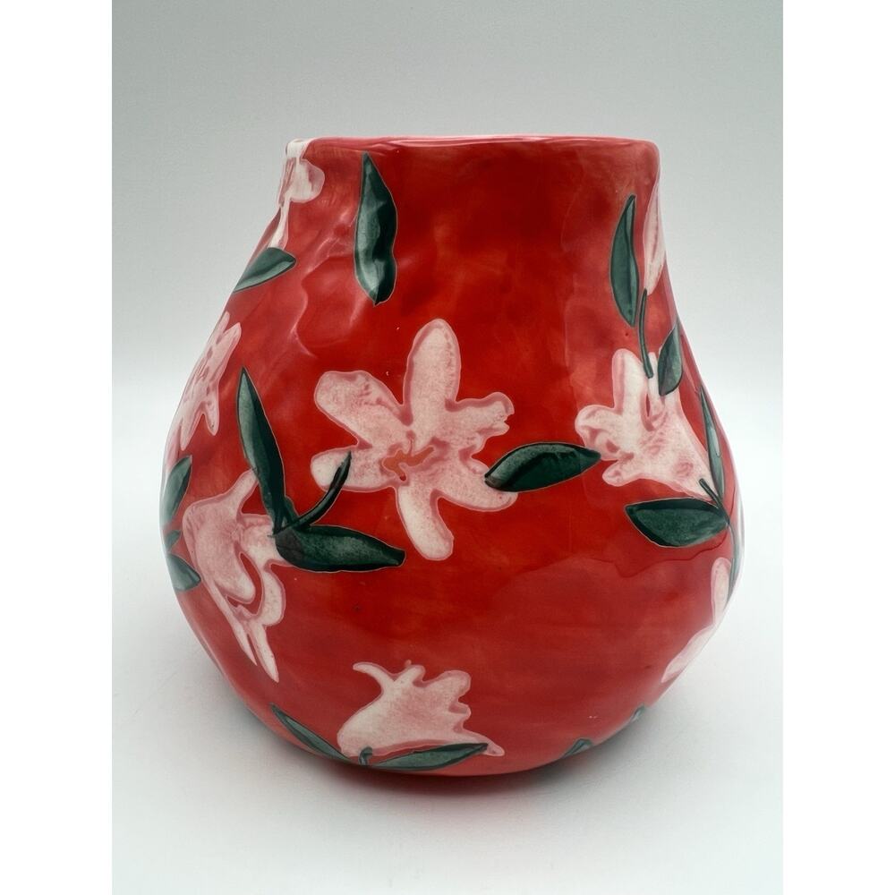 Anthropologie Red Floral Ceramic Vase with Green Leaves - Picture 5 of 8